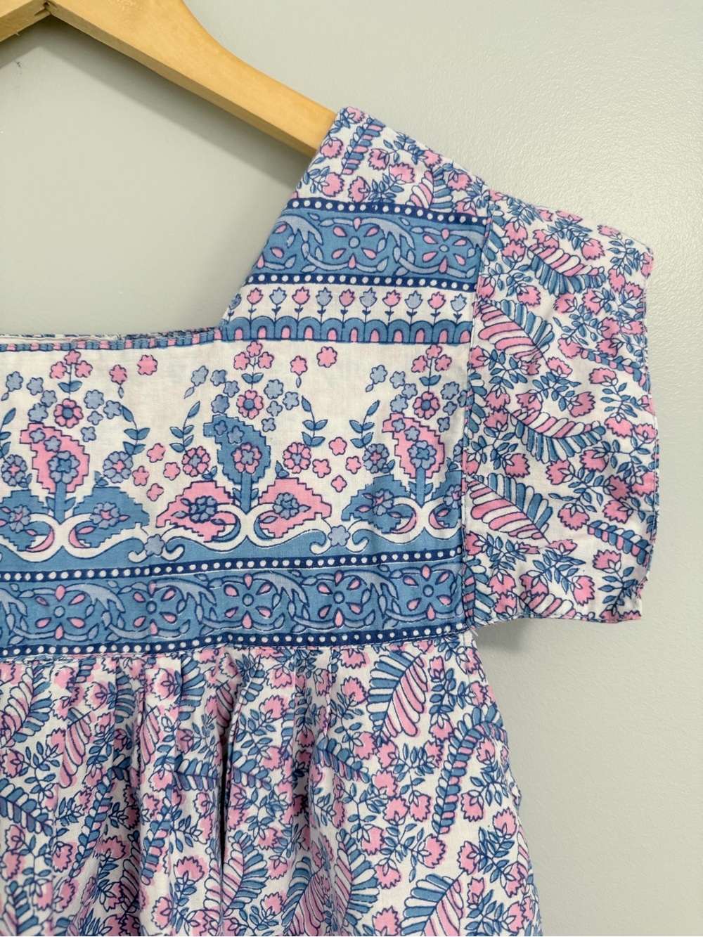Vintage Square Neck Floral Pink and Blue Mi Golondrina Style Cotton Dress S/M